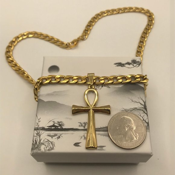 Chunky Chain Gold Stainless Steel (SS) + matching SS Cross Pendant Brand NEW - Picture 1 of 8